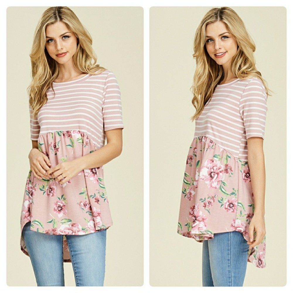 ❣SOLD OUT NWT Striped And Floral Short Sleeve Top - Picture 2 of 3